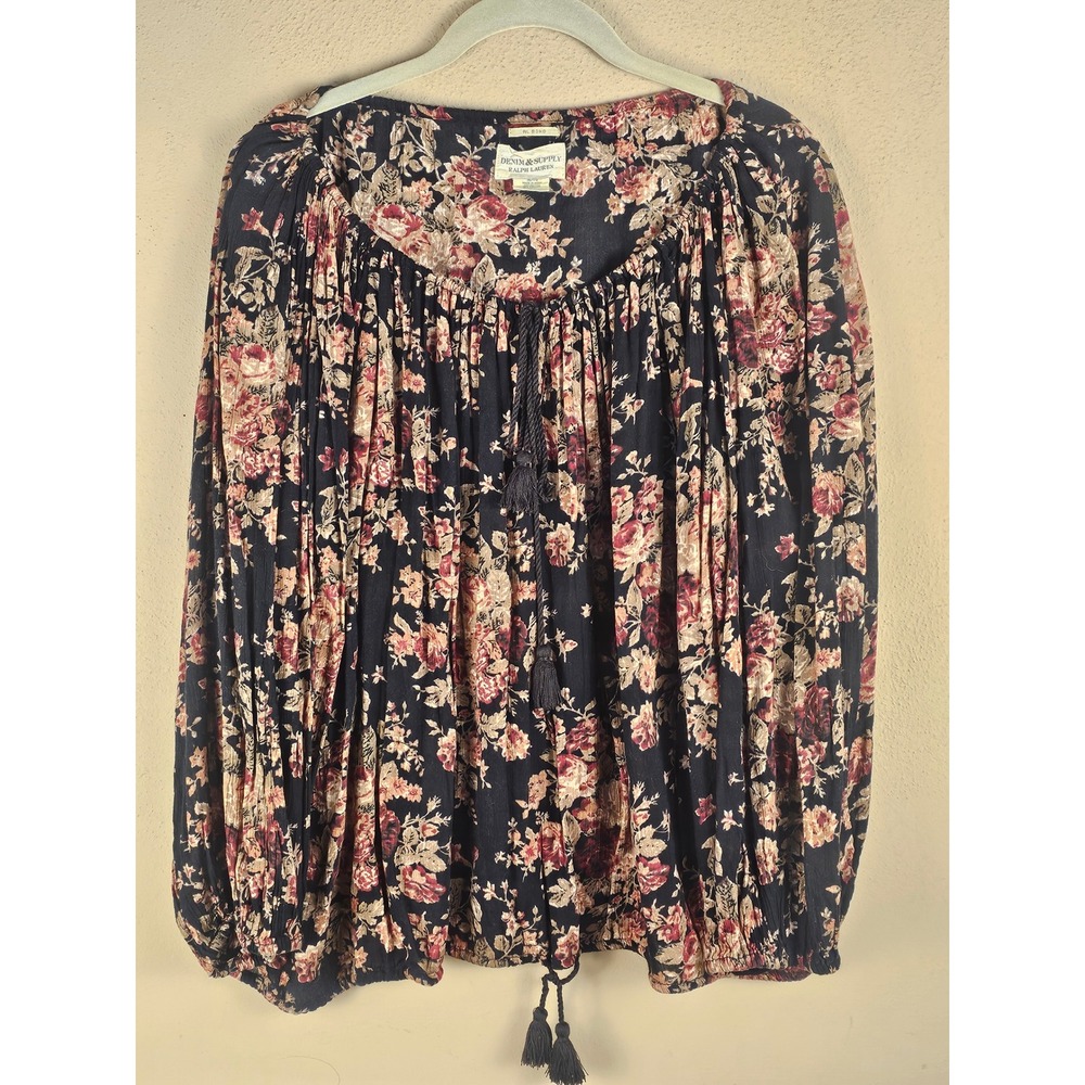 Denim & Supply Ralph Lauren Womens RL Boho Black Floral Blouse Shirt Top XL
